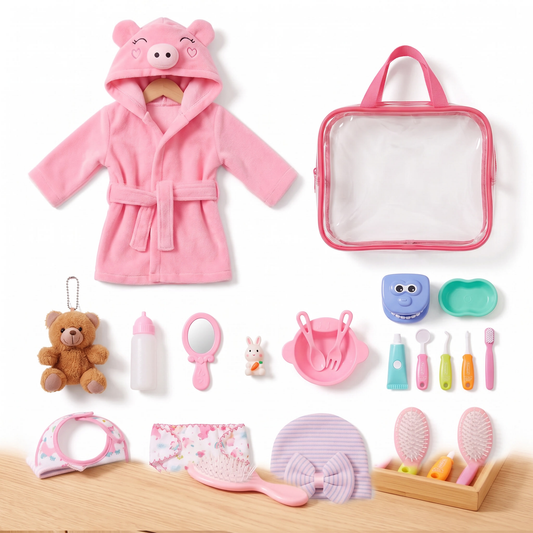 Doll Care Set fourteen piece feeding bath and dress up bundle