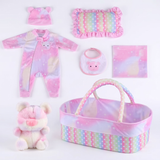 Cotton Candy Bear Set seven piece doll sleep bundle with bassinet
