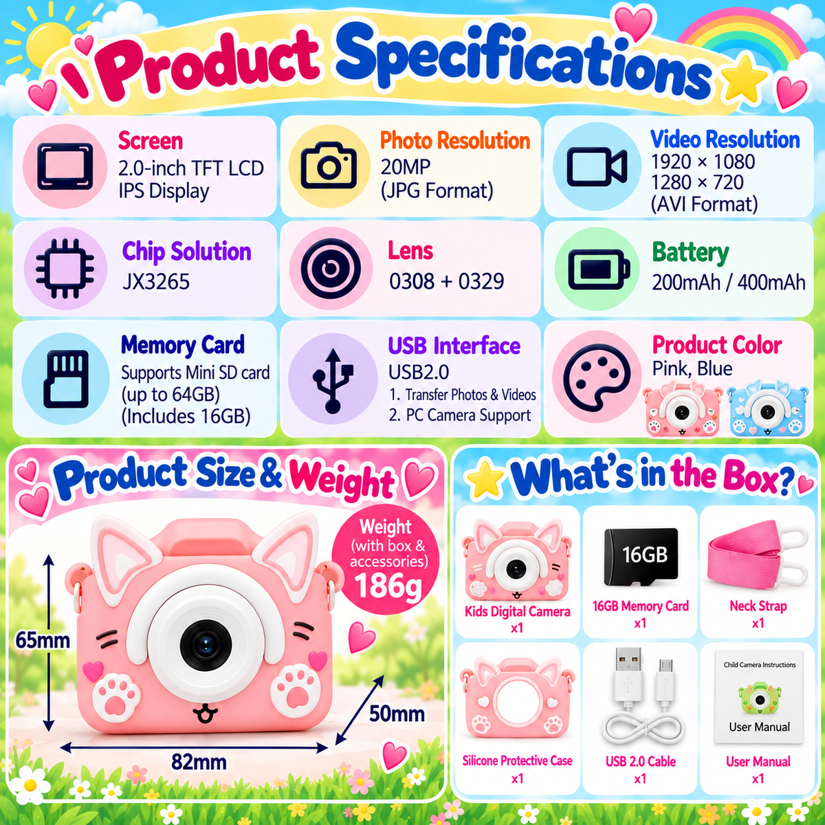 Kids camera specifications and box contents