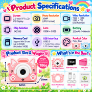 Kids camera specifications and box contents